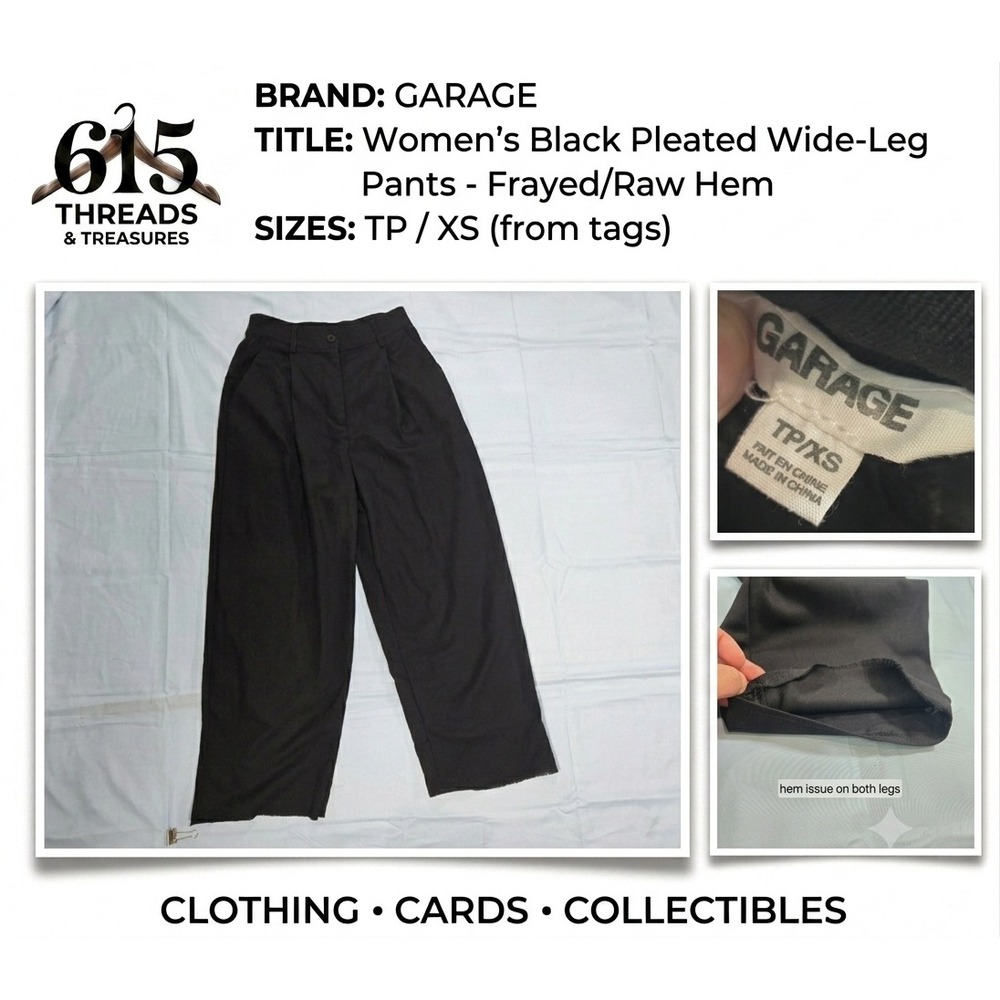 Garage Women Black Pleated Wide Leg Pants Raw Hem High Rise Trousers XS
